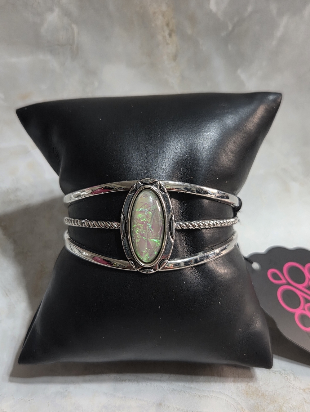 paparazzi Silver-Tone Cuff Bracelet with Pink-Green Iridescent Stone